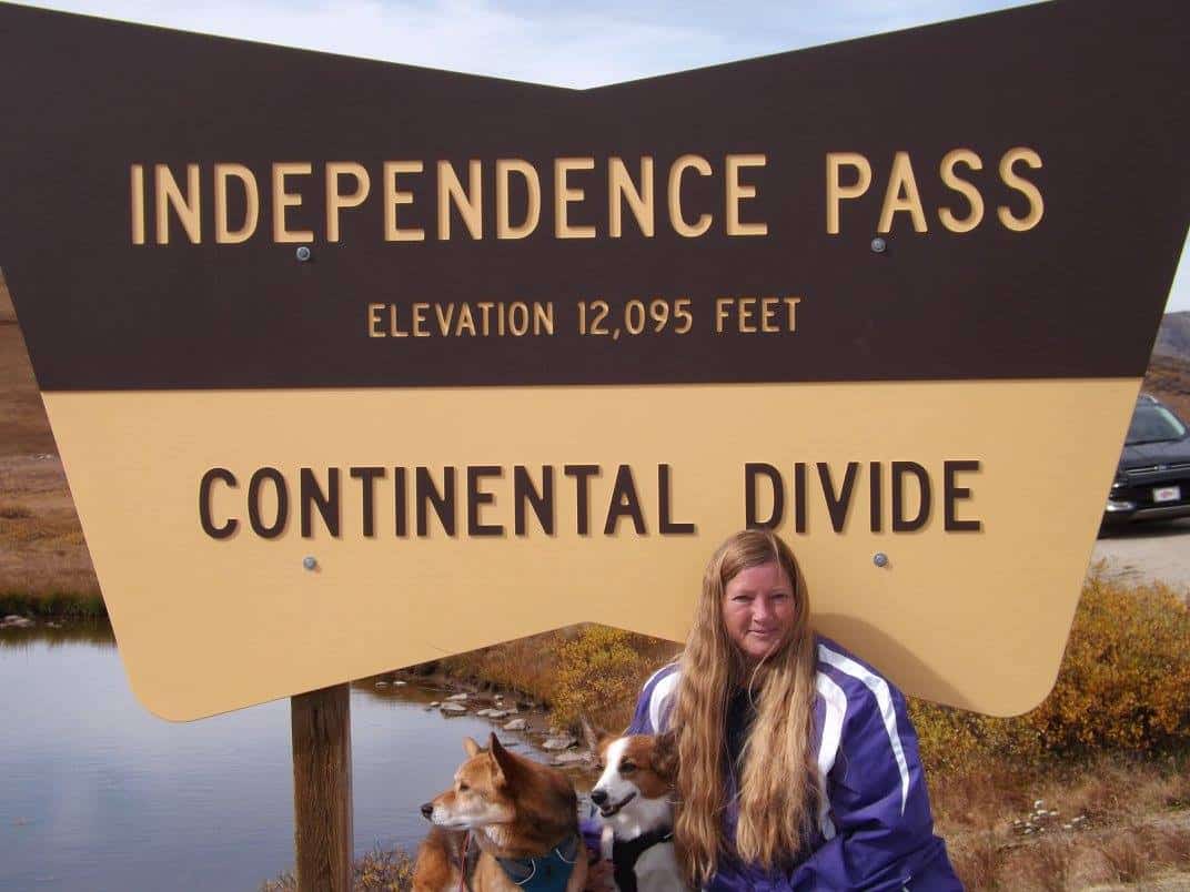 Dogs and owner in front of continental divide sign